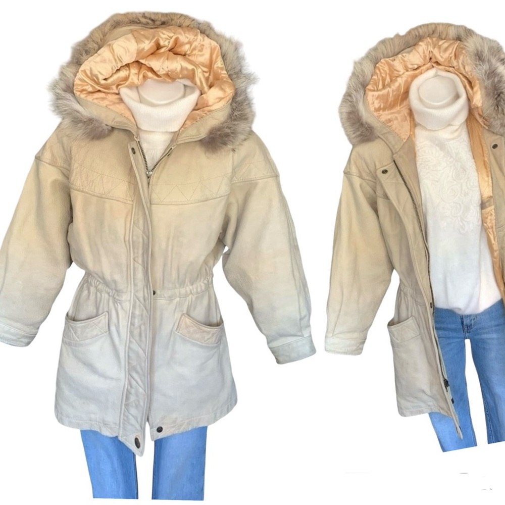 l e a t h e r :: Vintage Oversized Hooded Leather Coat Coyote Fur